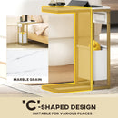 HOMCOM C Shaped Side Table, Faux Marble Bedside Table with Charging Station