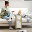 HOMCOM C Shaped Side Table, Faux Marble Bedside Table with Charging Station