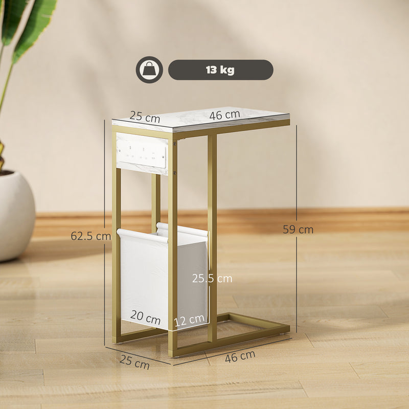 HOMCOM C Shaped Side Table, Faux Marble Bedside Table with Charging Station