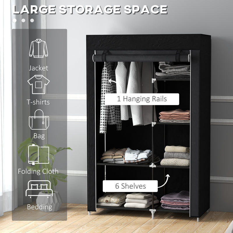 HOMCOM Fabric Wardrobe w/ Shelves Hanging Rail Foldable Closets Black