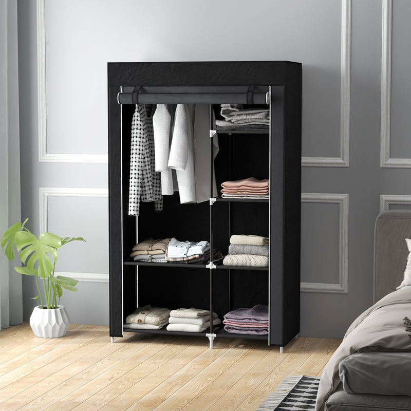 HOMCOM Fabric Wardrobe w/ Shelves Hanging Rail Foldable Closets Black