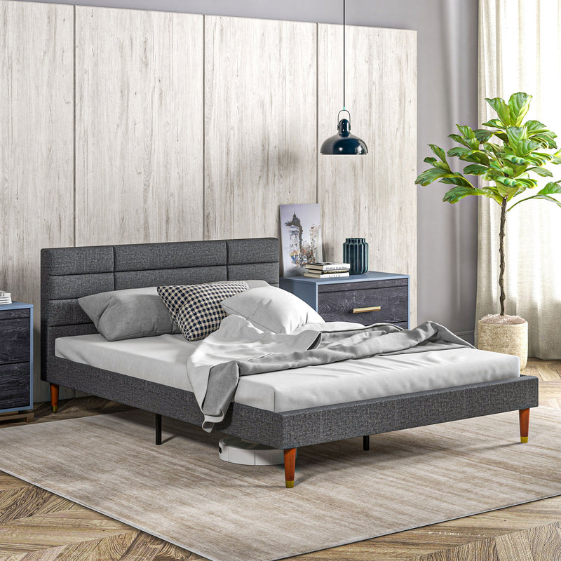 HOMCOM 5ft Upholstered King Bed Frame w/ Wooden Slat No Box Spring Needed