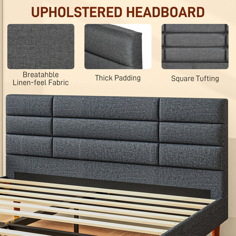 HOMCOM 5ft Upholstered King Bed Frame w/ Wooden Slat No Box Spring Needed
