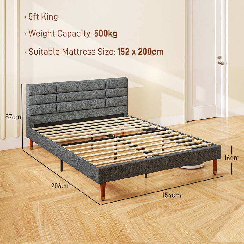HOMCOM 5ft Upholstered King Bed Frame w/ Wooden Slat No Box Spring Needed