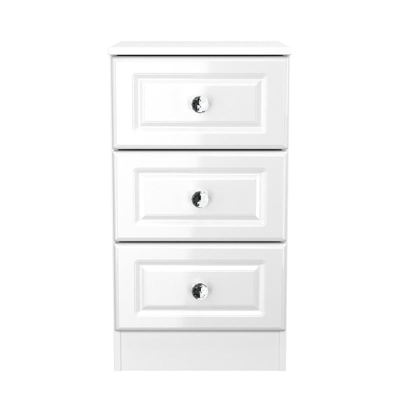 Lisbon Ready Assembled Bedside Table With 3 Drawers - White Gloss & White