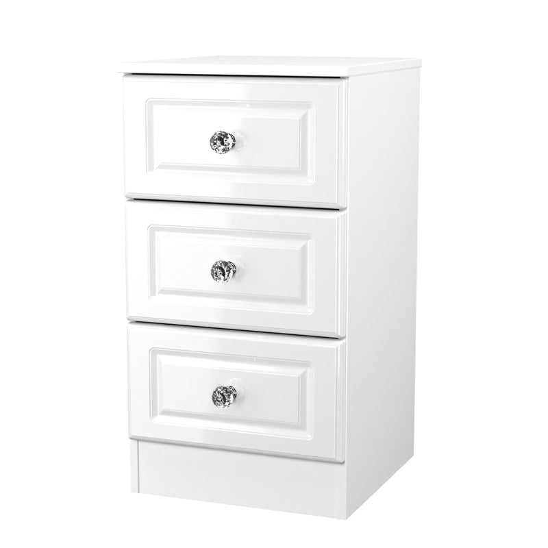 Lisbon Ready Assembled Bedside Table With 3 Drawers - White Gloss & White