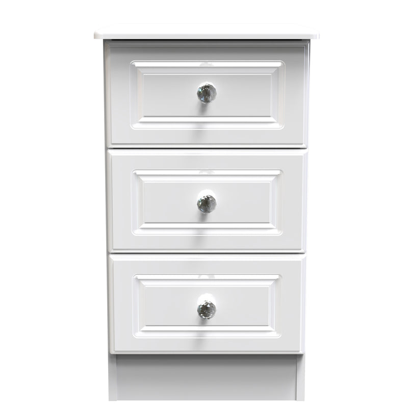 Lisbon Ready Assembled Bedside Table with 3 Drawers - White Gloss & White