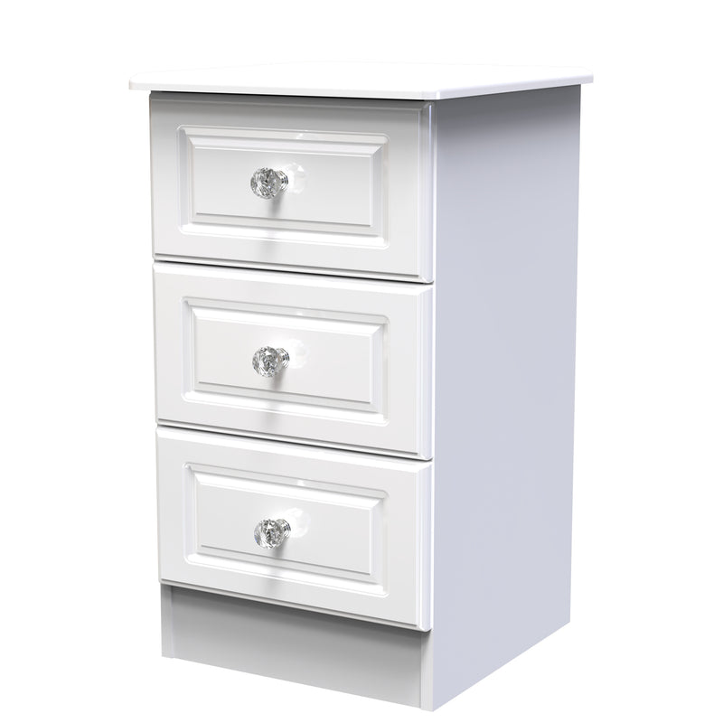 Lisbon Ready Assembled Bedside Table with 3 Drawers - White Gloss & White