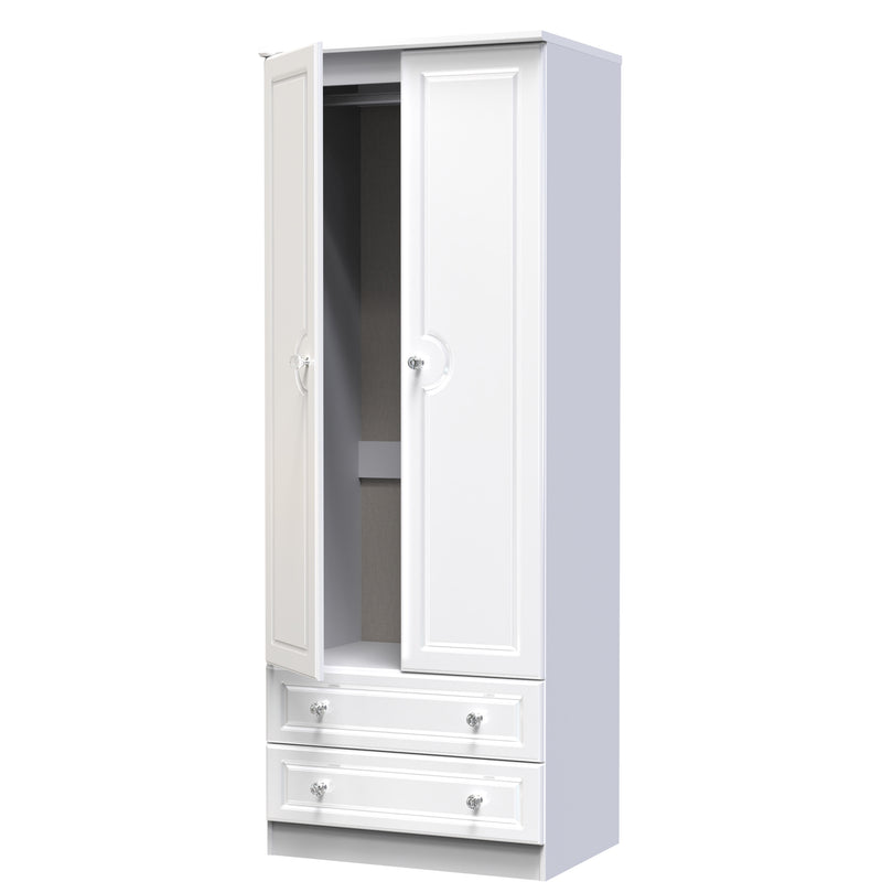 Lisbon Ready Assembled Wardrobe with 2 Doors and 2 Drawers - White Gloss & White
