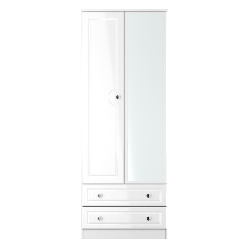 Lisbon Ready Assembled Wardrobe With 2 Doors And 2 Drawers With Mirror - White Gloss & White