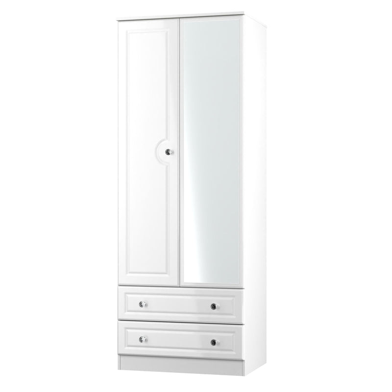 Lisbon Ready Assembled Wardrobe With 2 Doors And 2 Drawers With Mirror - White Gloss & White