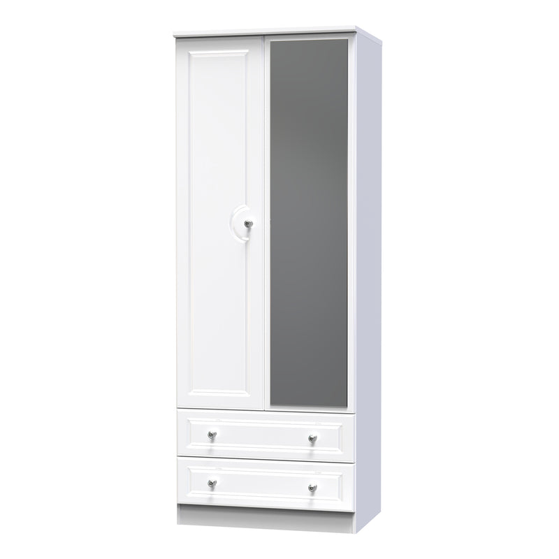 Lisbon Ready Assembled Wardrobe with 2 Doors and 2 Drawers with Mirror - White Gloss & White