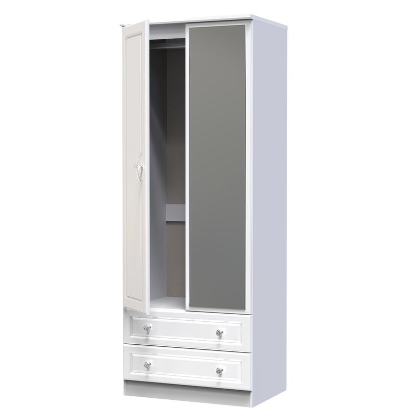 Lisbon Ready Assembled Wardrobe with 2 Doors and 2 Drawers with Mirror - White Gloss & White