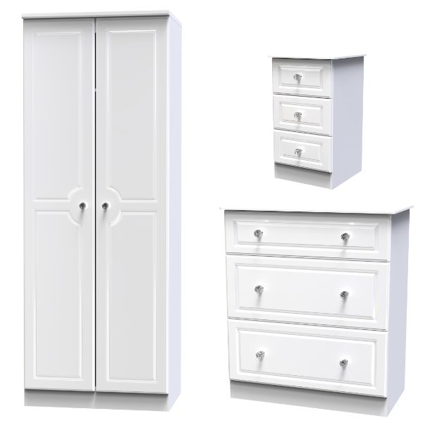 Lisbon Ready Assembled 3 Piece Bedroom Furniture Set - White Gloss & White