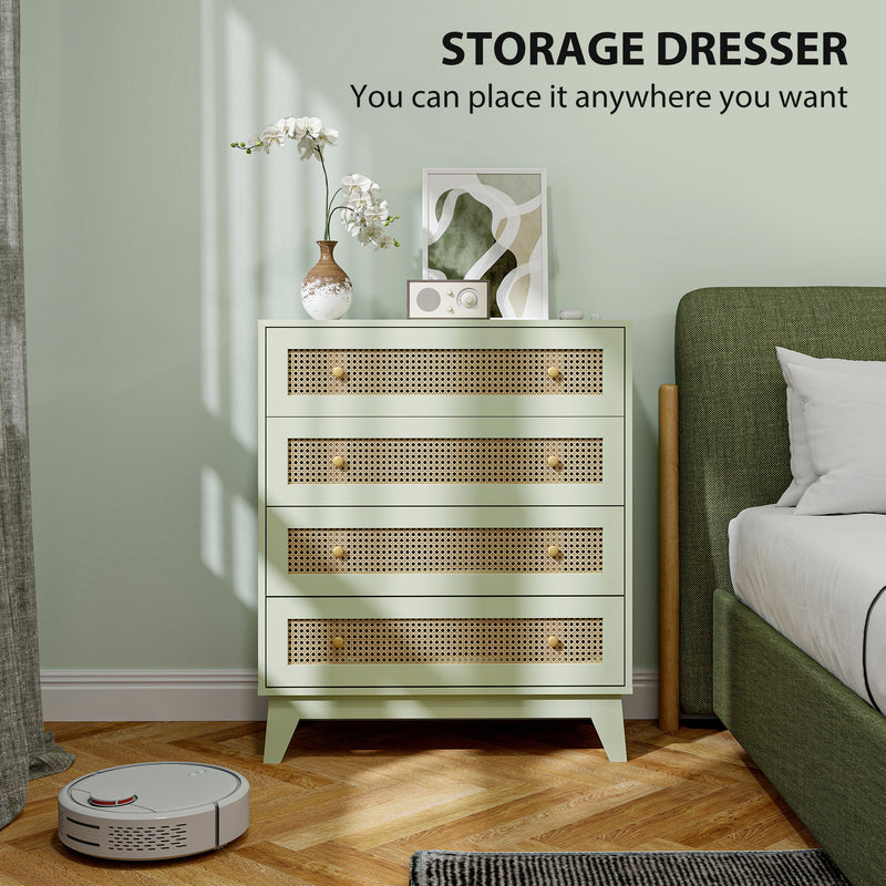 HOMCOM Chest of Drawers, 4 Drawer Unit Storage Organiser with Rattan Element
