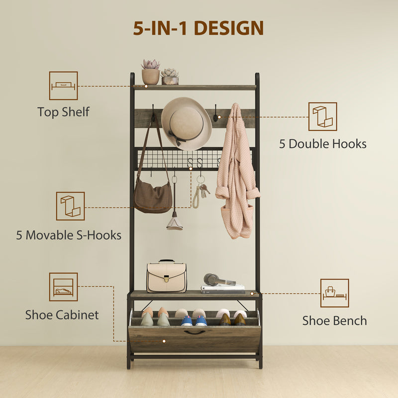 HOMCOM Industrial Hall Tree Coat Rack Stand with Shoe Cabinet