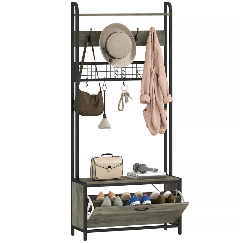 HOMCOM Industrial Hall Tree Coat Rack Stand with Shoe Cabinet