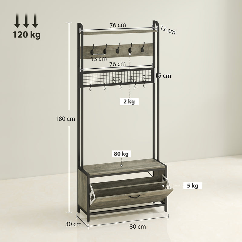 HOMCOM Industrial Hall Tree Coat Rack Stand with Shoe Cabinet