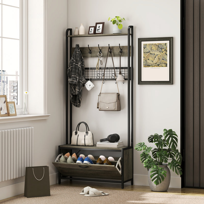HOMCOM Industrial Hall Tree Coat Rack Stand with Shoe Cabinet