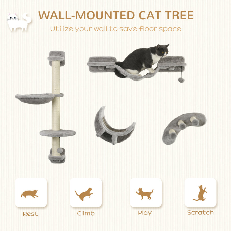 PawHut Four-Piece Cat Wall Furniture w/ Hammock, Ladder, Platforms, Steps - Grey
