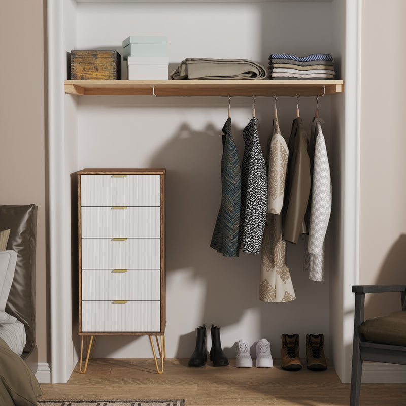 Breda Ready Assembled 5 Drawer Tallboy in White Matt & Vintage Oak
