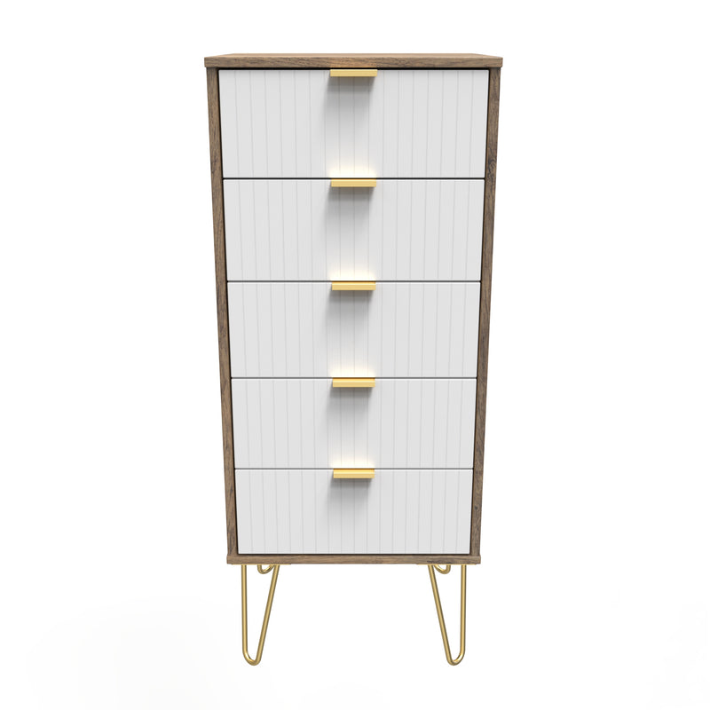 Breda Ready Assembled 5 Drawer Tallboy in White Matt & Vintage Oak