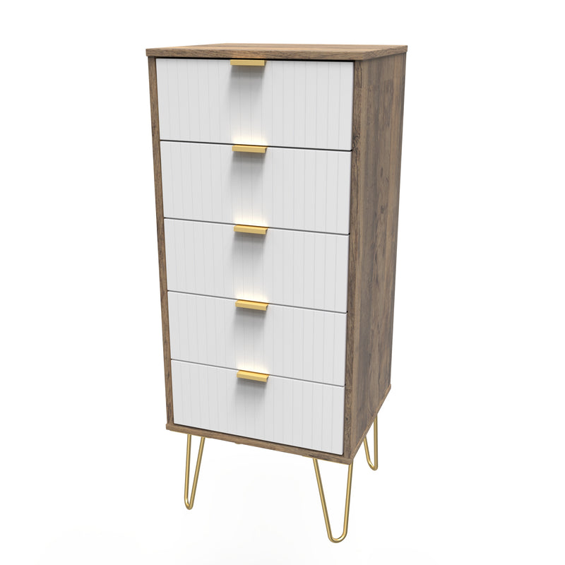 Breda Ready Assembled 5 Drawer Tallboy in White Matt & Vintage Oak