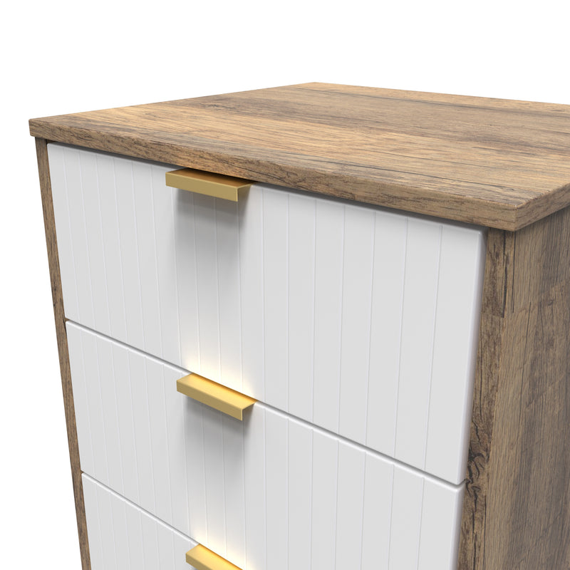 Breda Ready Assembled 5 Drawer Tallboy in White Matt & Vintage Oak