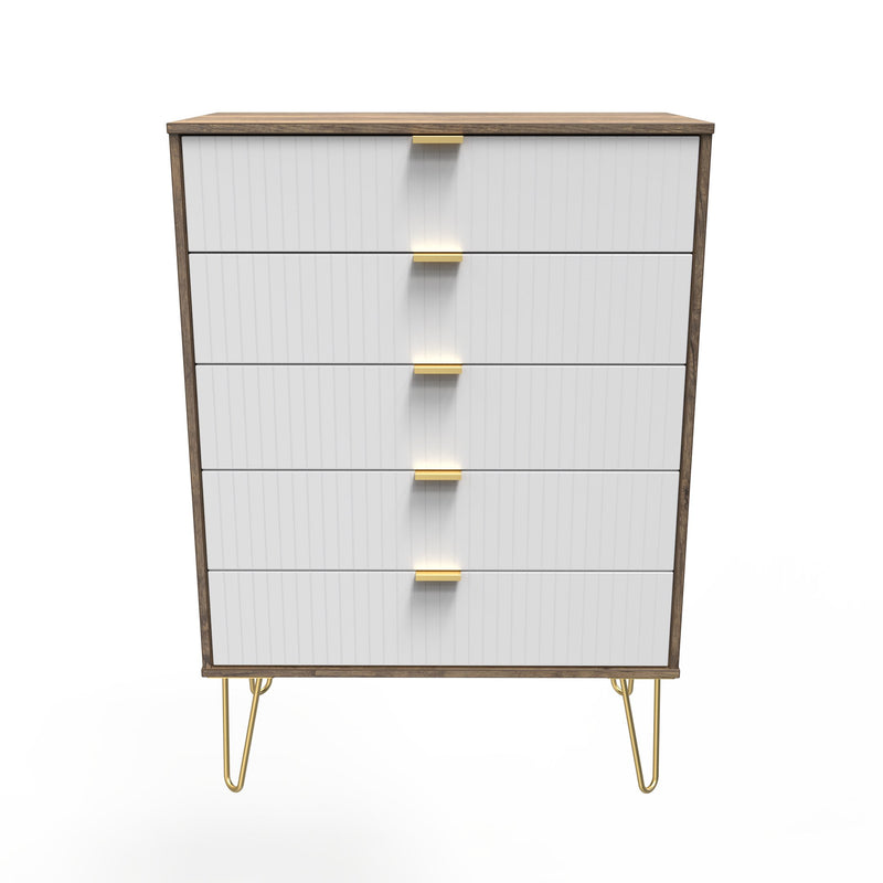 Breda Ready Assembled 5 Drawer Chest in White Matt & Vintage Oak