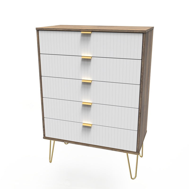 Breda Ready Assembled 5 Drawer Chest in White Matt & Vintage Oak