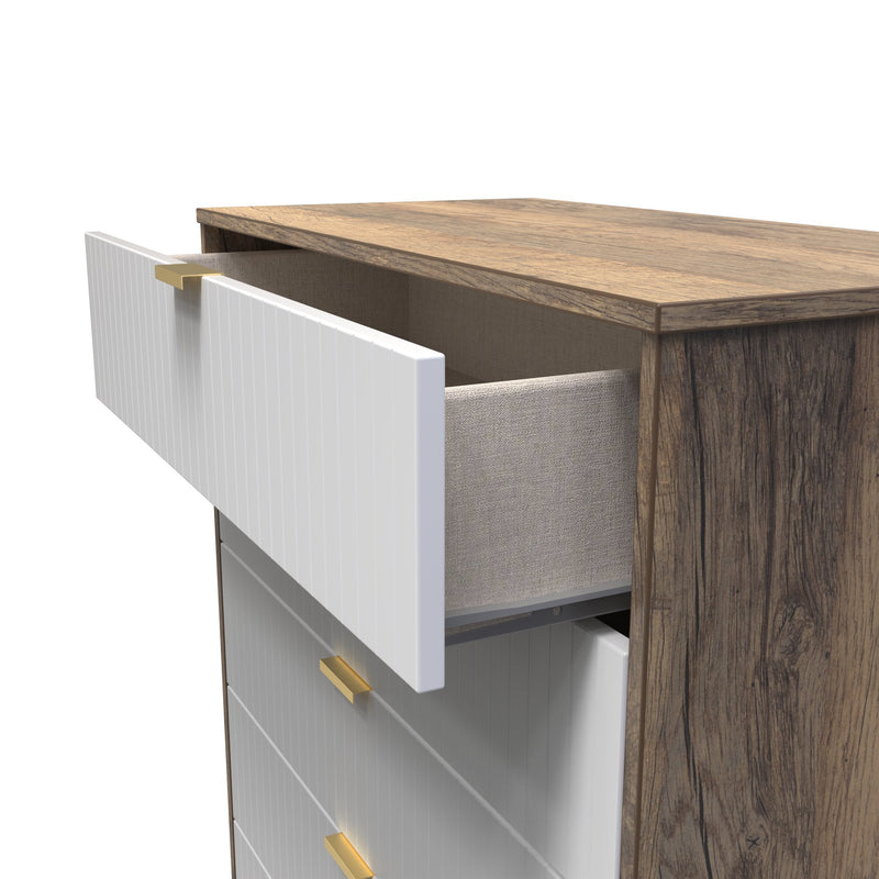 Breda Ready Assembled 5 Drawer Chest in White Matt & Vintage Oak