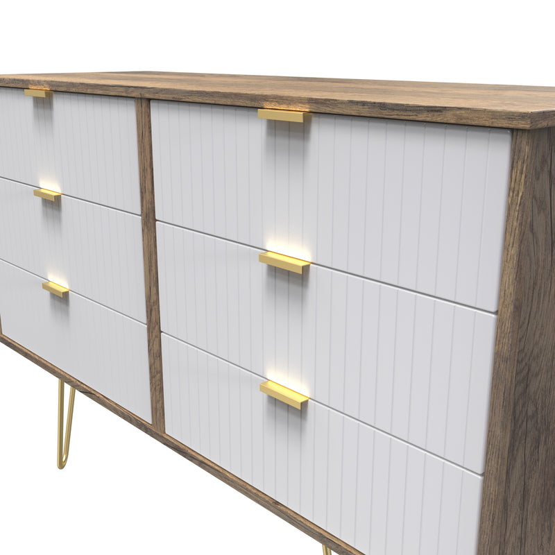 Breda Ready Assembled 6 Drawer Wide Chest in White Matt & Vintage Oak