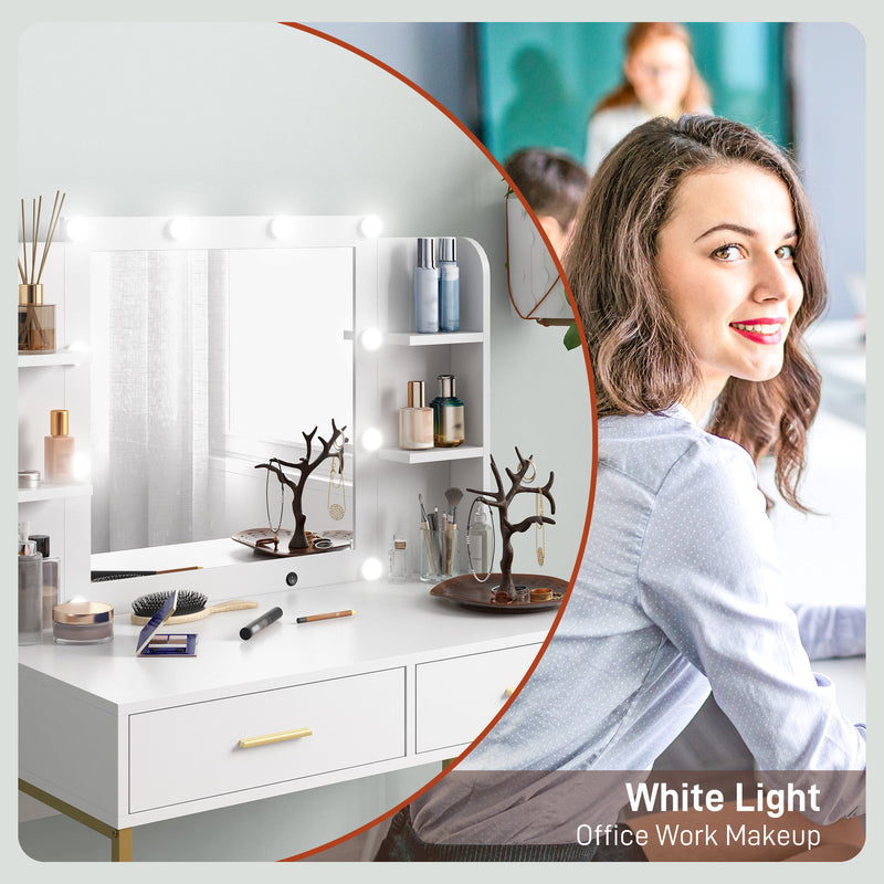 HOMCOM Makeup Vanity Desk Set with Lighted Mirror, Stool, Drawers, White