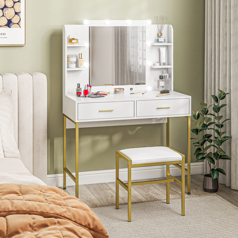 HOMCOM Makeup Vanity Desk Set with Lighted Mirror, Stool, Drawers, White