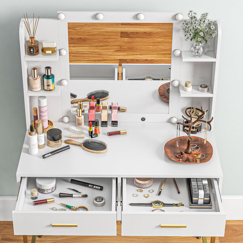 HOMCOM Makeup Vanity Desk Set with Lighted Mirror, Stool, Drawers, White