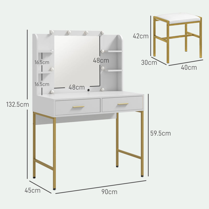 HOMCOM Makeup Vanity Desk Set with Lighted Mirror, Stool, Drawers, White