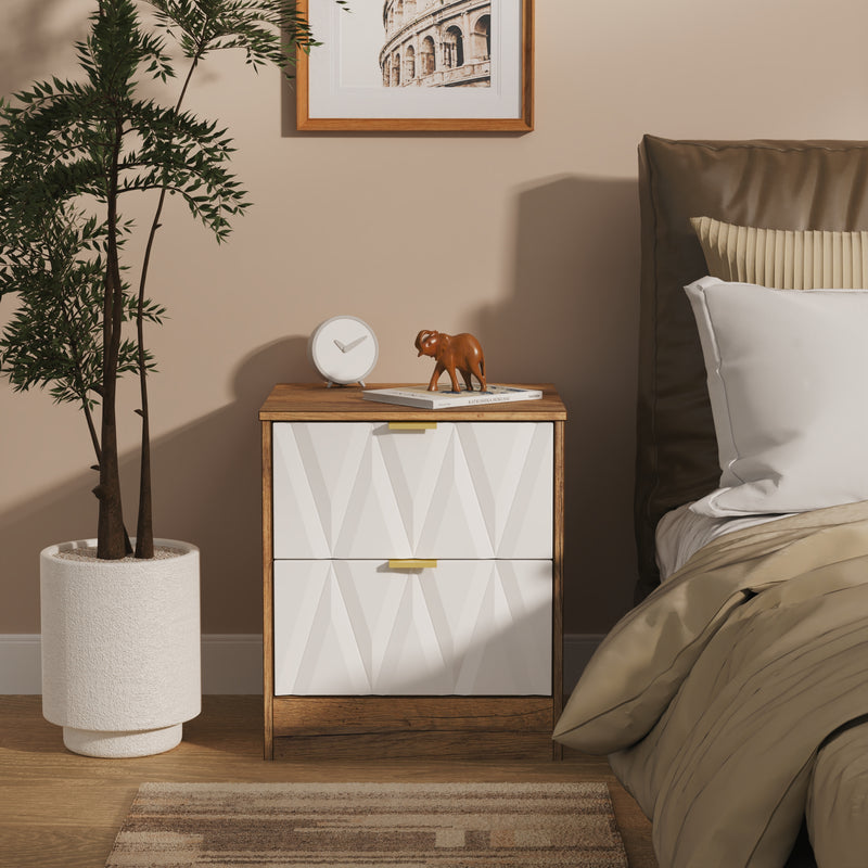 Ottawa Ready Assembled 2 Drawer Bedside Cabinet in White Matt & Vintage Oak