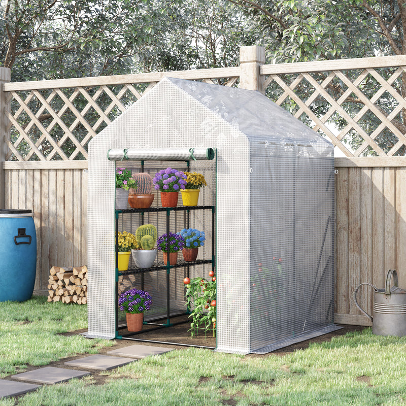 Outsunny Greenhouse for Outdoor w/ 2 Tier Shelf Roll-Up Zippered Door PE Cover Green