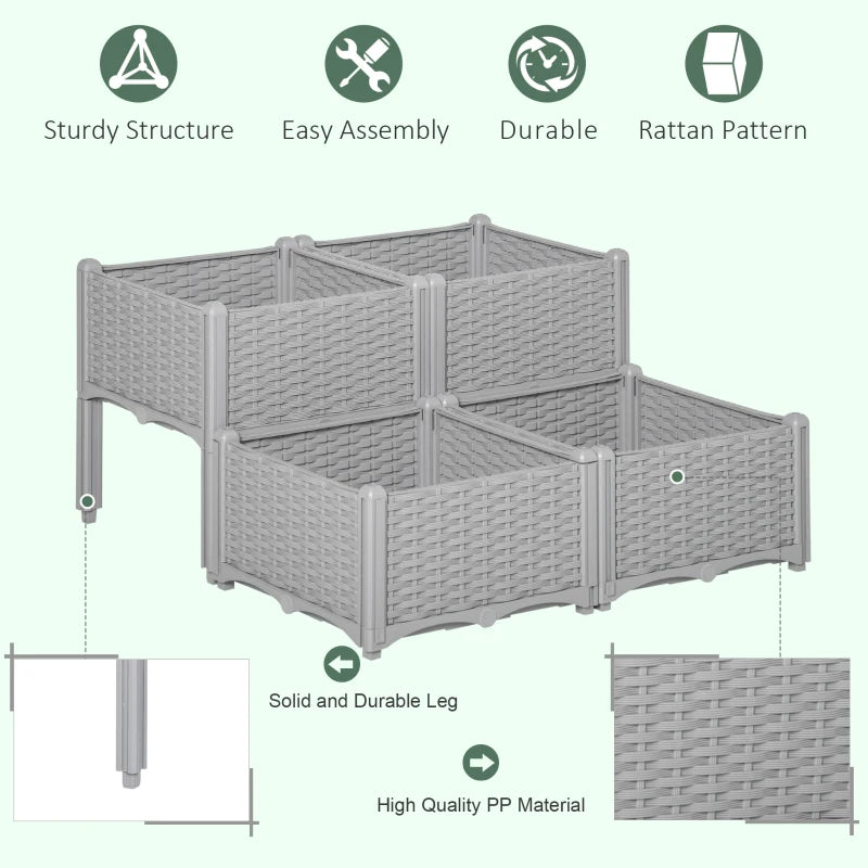 Outsunny Raised Bed Plastic Set of 4 40x40x44cm -  Grey