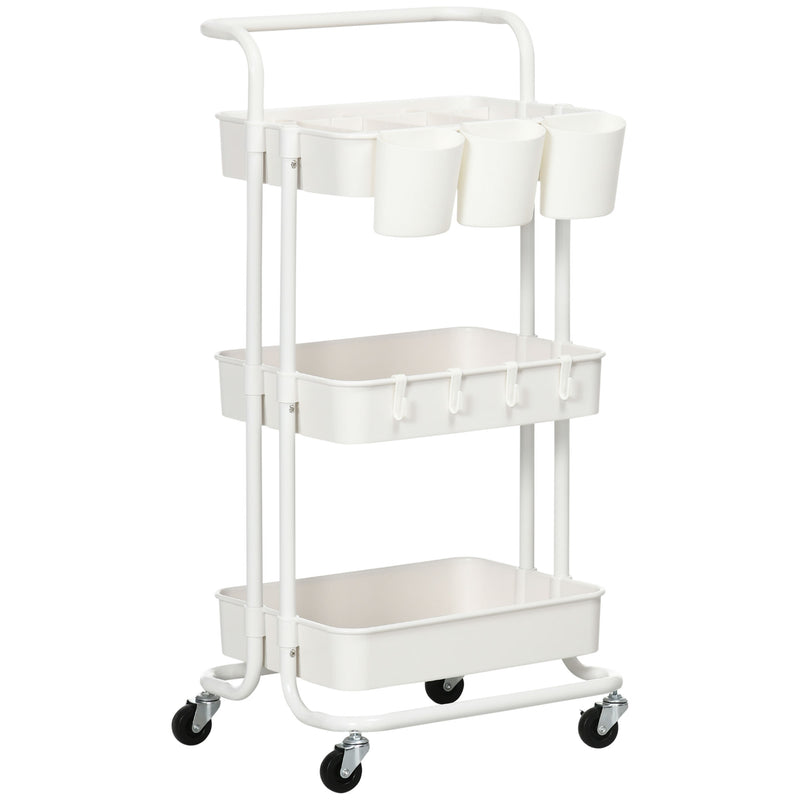 HOMCOM 3-Tier Utility Cart, Rolling Serving Trolley with Baskets and Hooks