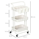 HOMCOM 3-Tier Utility Cart, Rolling Serving Trolley with Baskets and Hooks