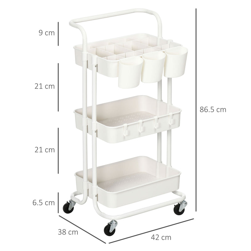 HOMCOM 3-Tier Utility Cart, Rolling Serving Trolley with Baskets and Hooks
