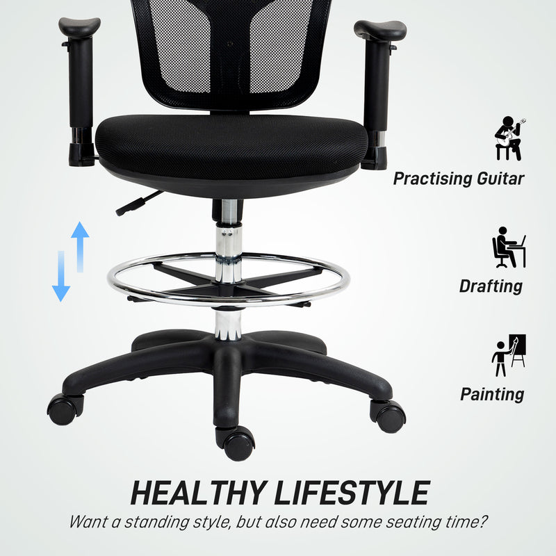 HOMCOM Drafting Stool Chair with Adjustable Armrest for Standing Desk, Black