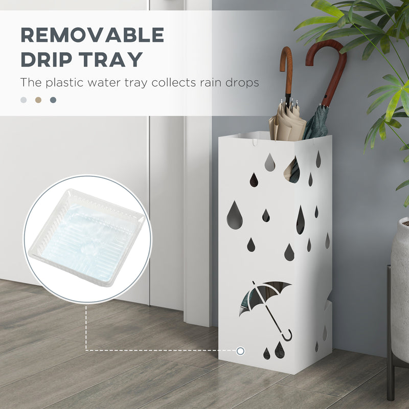 HOMCOM Metal Umbrella Stand, Square Umbrella Basket with 4 Hooks Drip Tray White