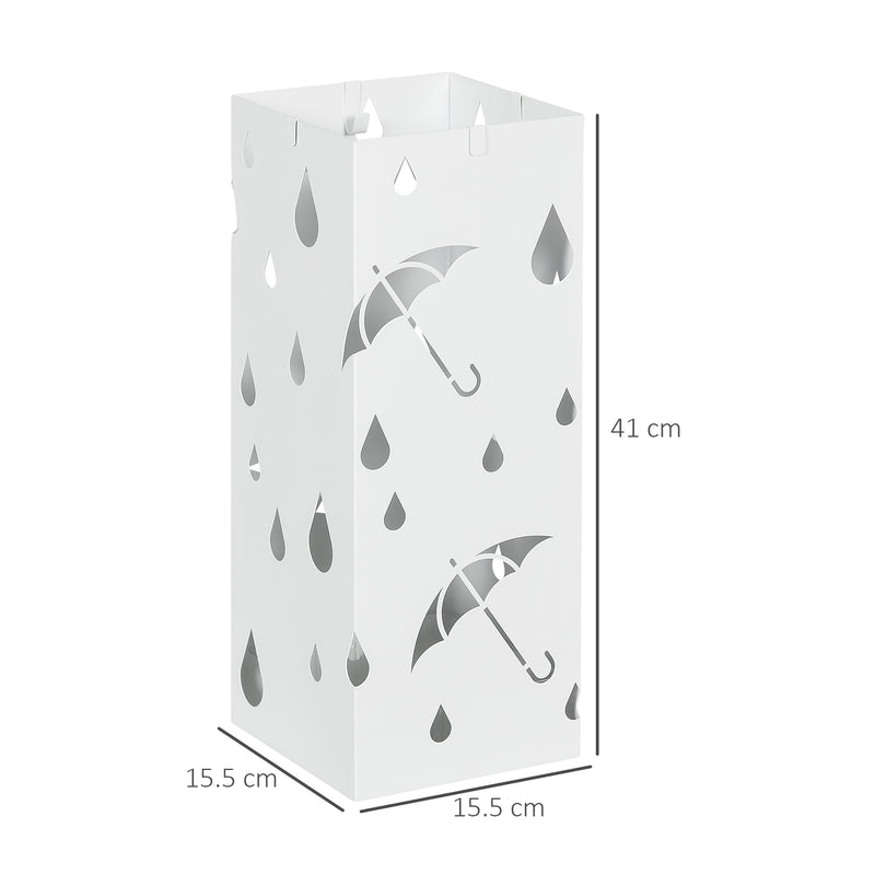 HOMCOM Metal Umbrella Stand, Square Umbrella Basket with 4 Hooks Drip Tray White