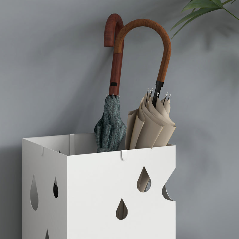HOMCOM Metal Umbrella Stand, Square Umbrella Basket with 4 Hooks Drip Tray White