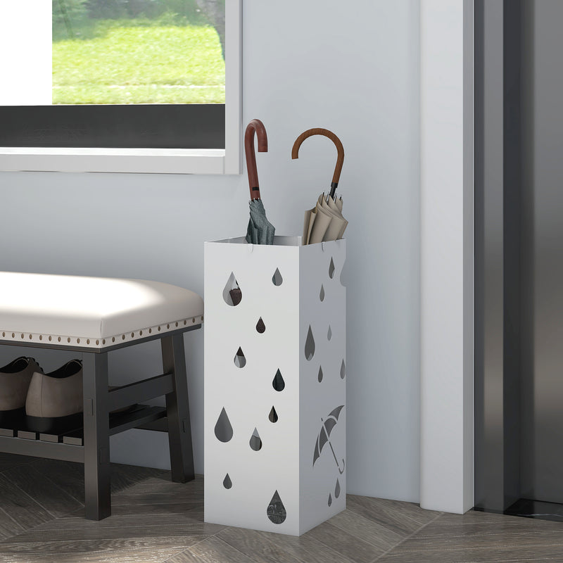 HOMCOM Metal Umbrella Stand, Square Umbrella Basket with 4 Hooks Drip Tray White