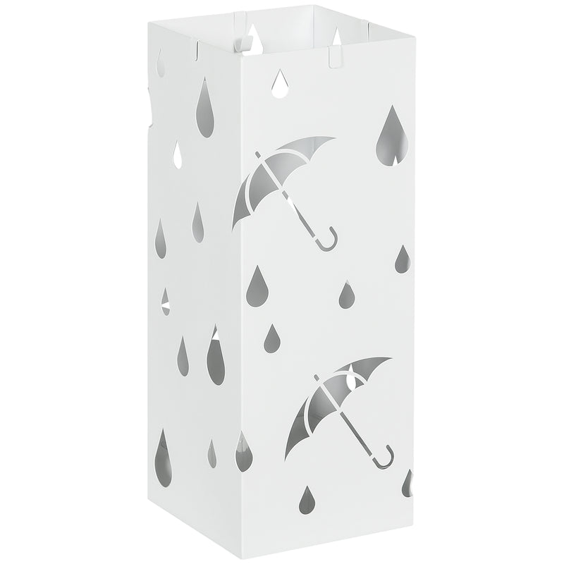 HOMCOM Metal Umbrella Stand, Square Umbrella Basket with 4 Hooks Drip Tray White