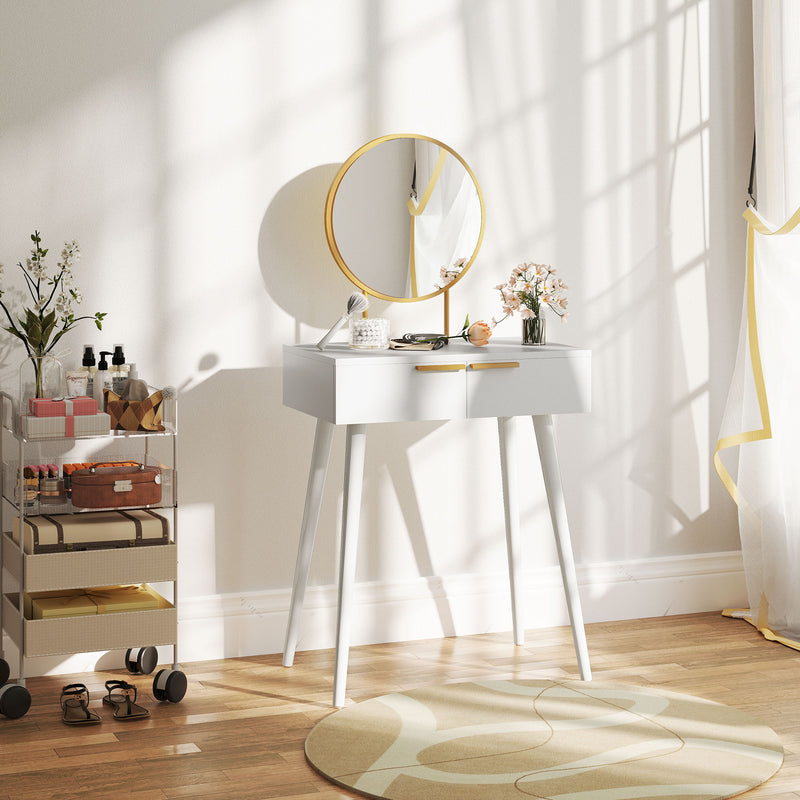 HOMCOM Modern Dressing Table w/ 2 Drawers Round Mirror for Bedroom White