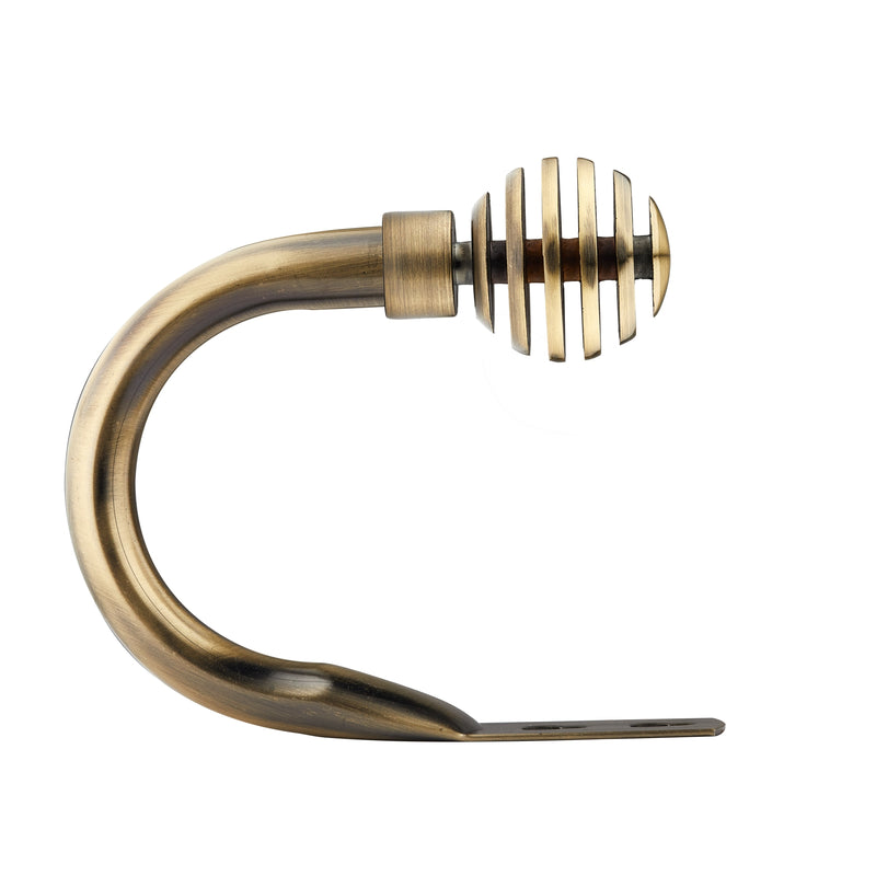Metal Sliced - Pair of Holdaback Tiebacks with End Finials in Antique Brass